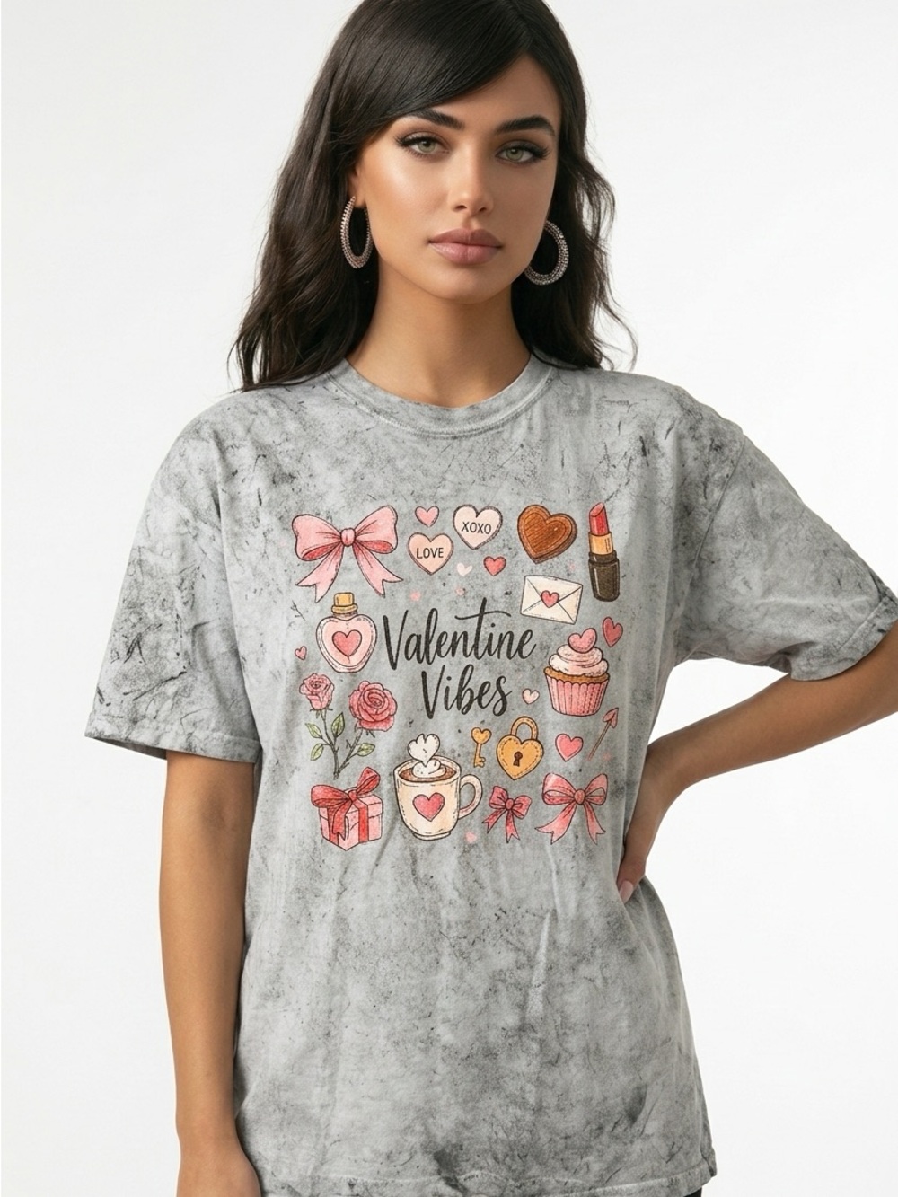Comfort Colors Grey 'Valentine Vibes' Graphic Tee with Pink & Red Accents